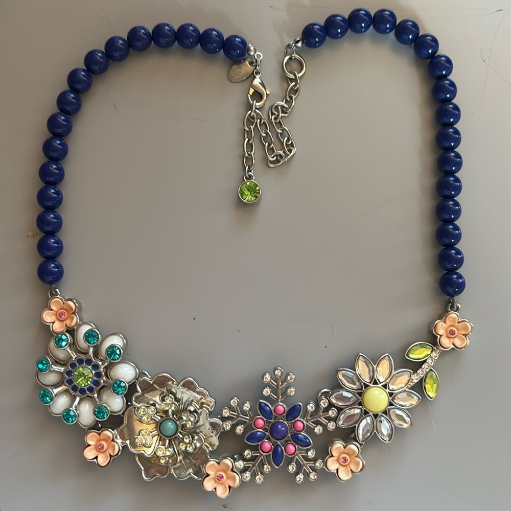 Lia Sophia Navy Blue Beaded Floral Statement Necklace